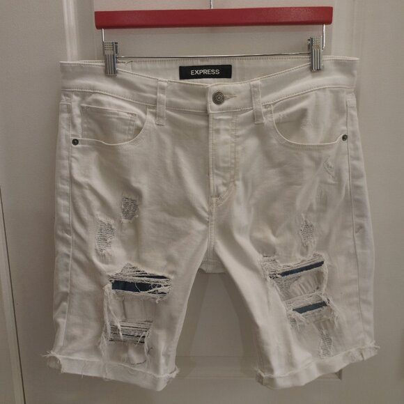 Distressed White Express Slim Fit Stretch+ Jean Shorts 32" Waist x 9" Inseam - Picture 4 of 8